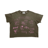 Suavo World Velvet Brown T-Shirt with heavy distressing and neon pink graphics on maroon fabric