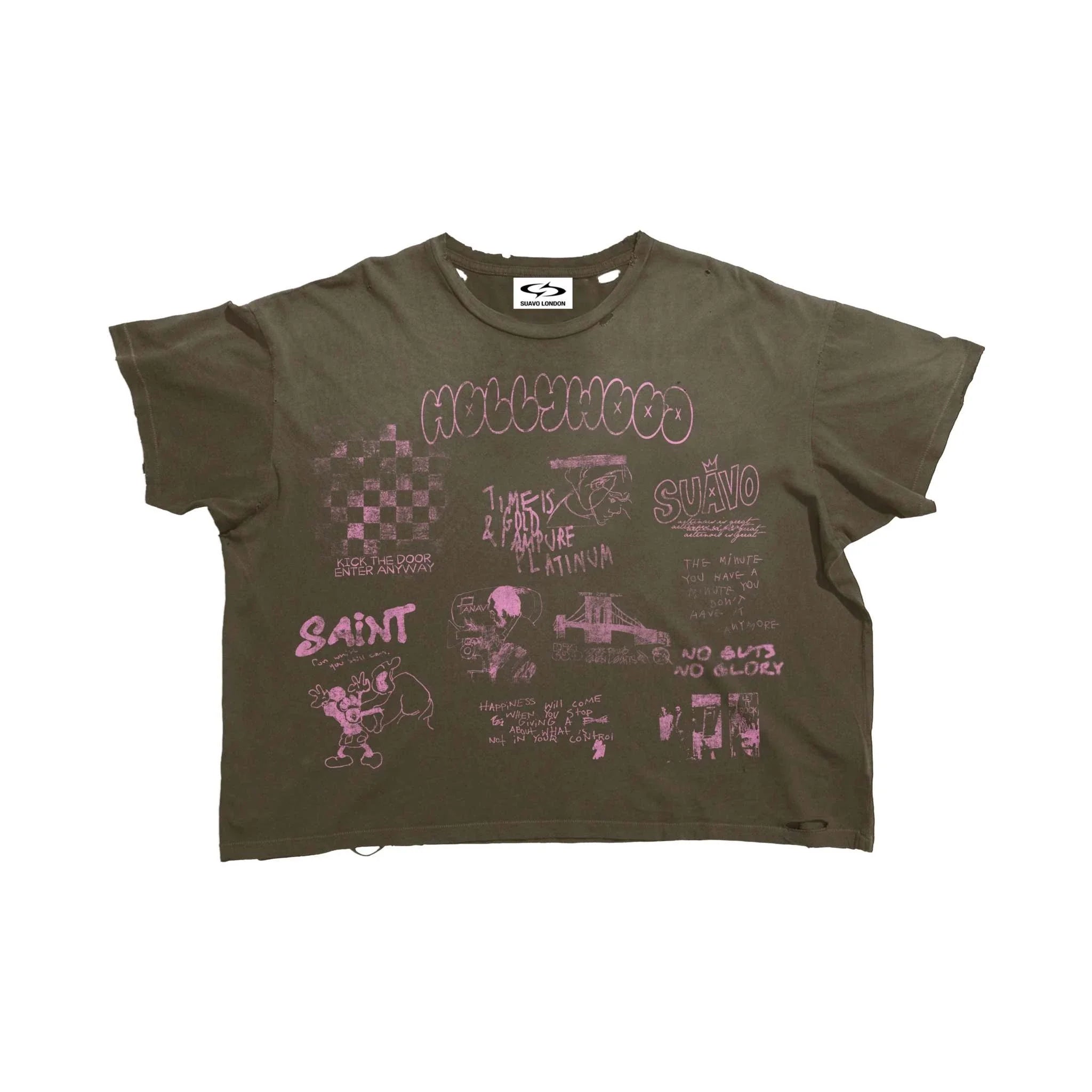 Suavo World Velvet Brown T-Shirt with heavy distressing and neon pink graphics on maroon fabric