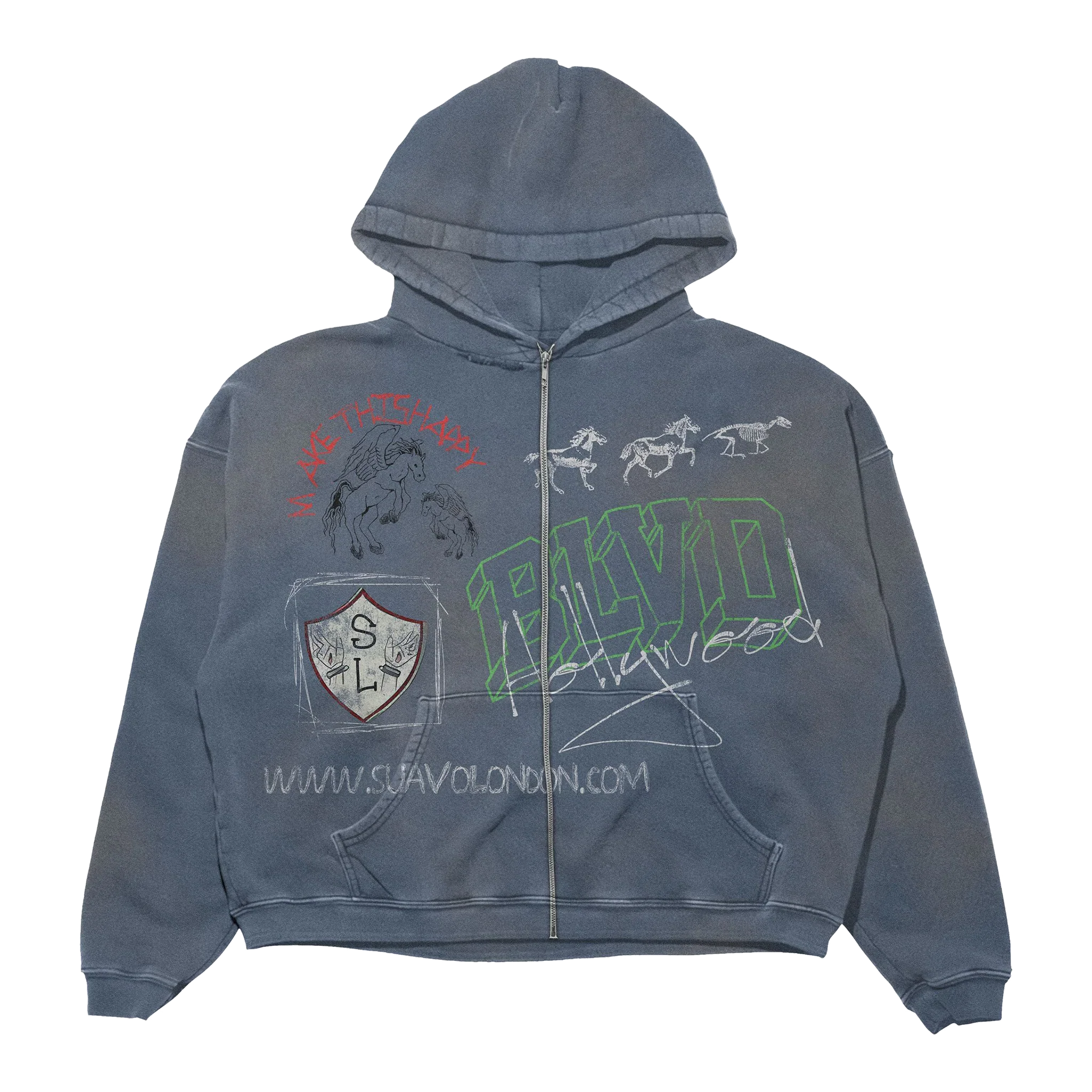 Suavo World Salt Lake City Hoodie in washed blue with vintage faded texture and punk-inspired graphic design