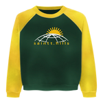Green Saint Hills College long sleeve with yellow raglan sleeves and globe sun graphic
