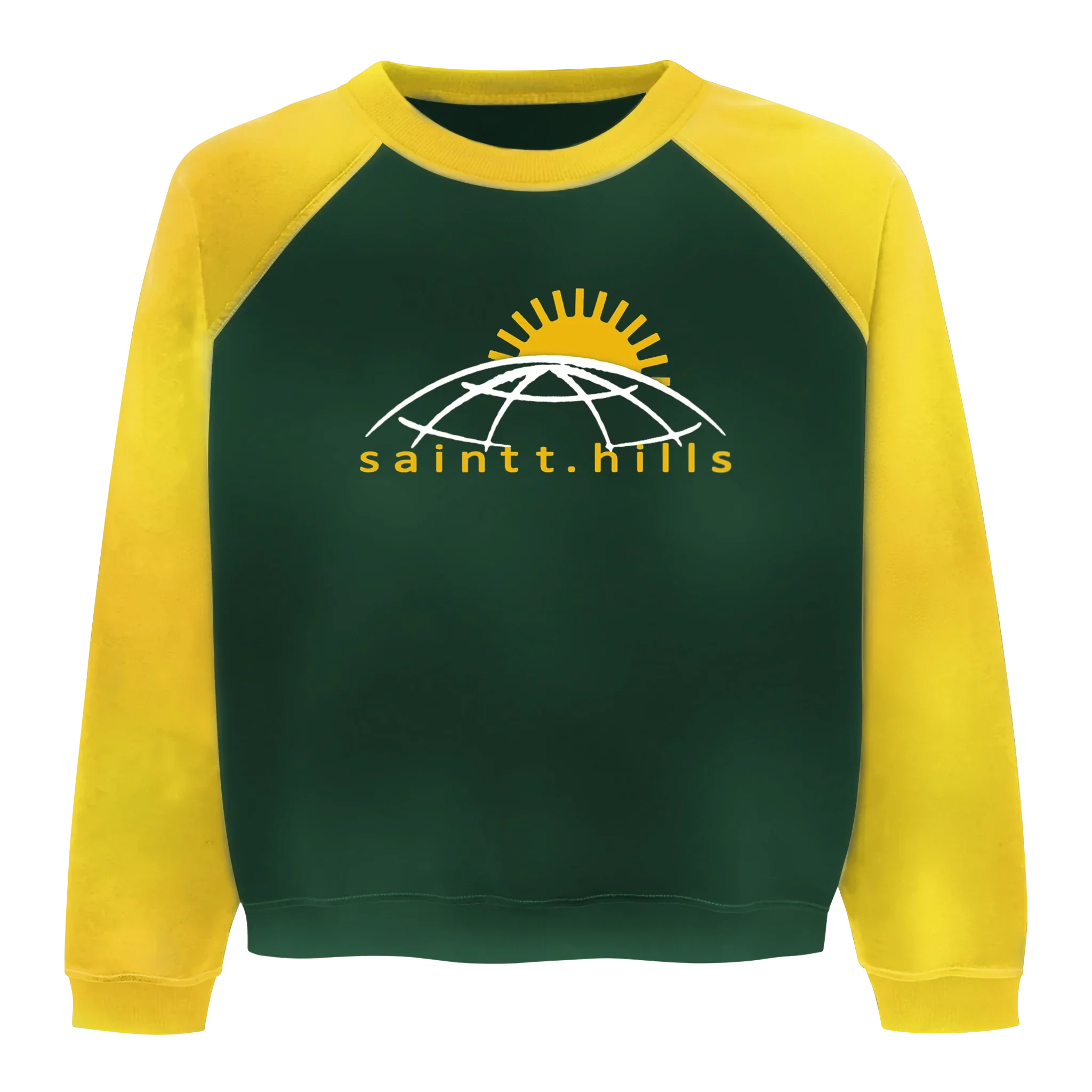 Green Saint Hills College long sleeve with yellow raglan sleeves and globe sun graphic