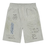 Suavo World Valley Hills washed grey shorts with punk-inspired graphics and vintage faded texture