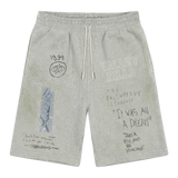 Suavo World Valley Hills washed grey shorts with punk-inspired graphics and vintage faded texture