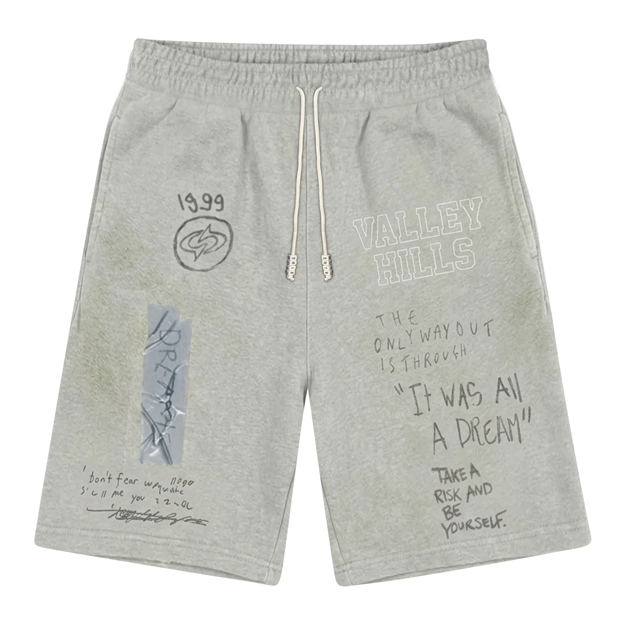 Suavo World Valley Hills washed grey shorts with punk-inspired graphics and vintage faded texture