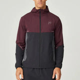 Reprimo Impact Windbreaker men's lightweight burgundy and obsidian jacket with hood and contrast color blocking