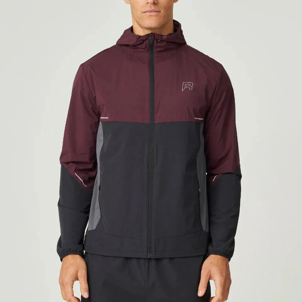 Reprimo Impact Windbreaker men's lightweight burgundy and obsidian jacket with hood and contrast color blocking