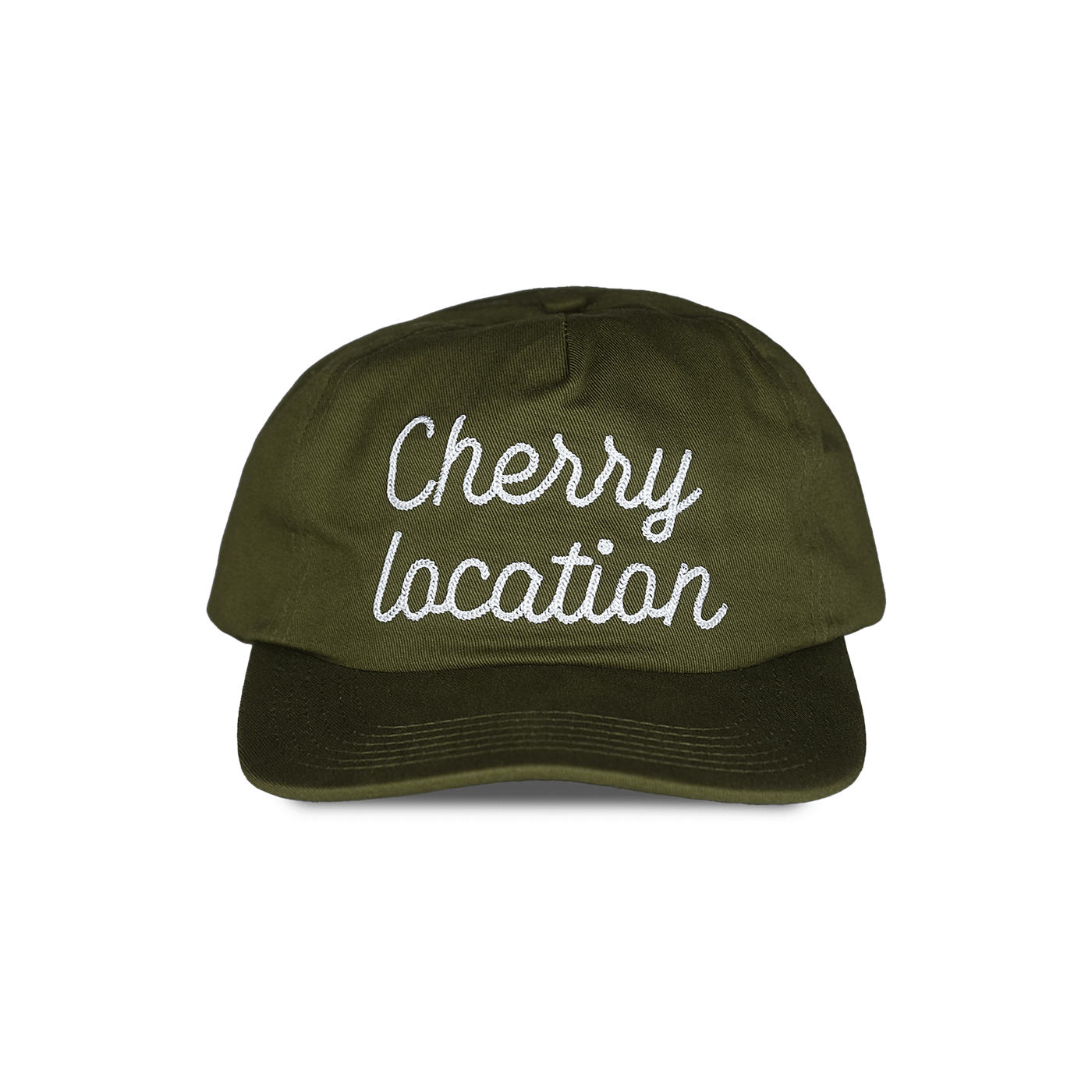 Cherry Location green cap with white embroidered text