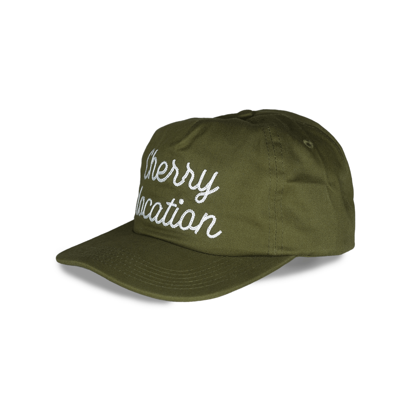 Cherry Location Green Cap with white embroidered text and curved brim