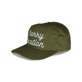 Cherry Location Green Cap with white embroidered text and curved brim