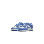 Nike Dunk Low University Blue PS kids' sneakers with white leather upper and blue overlays.