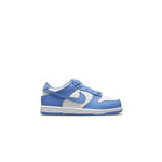 Nike Dunk Low University Blue PS sneaker with white leather and blue overlays for kids.