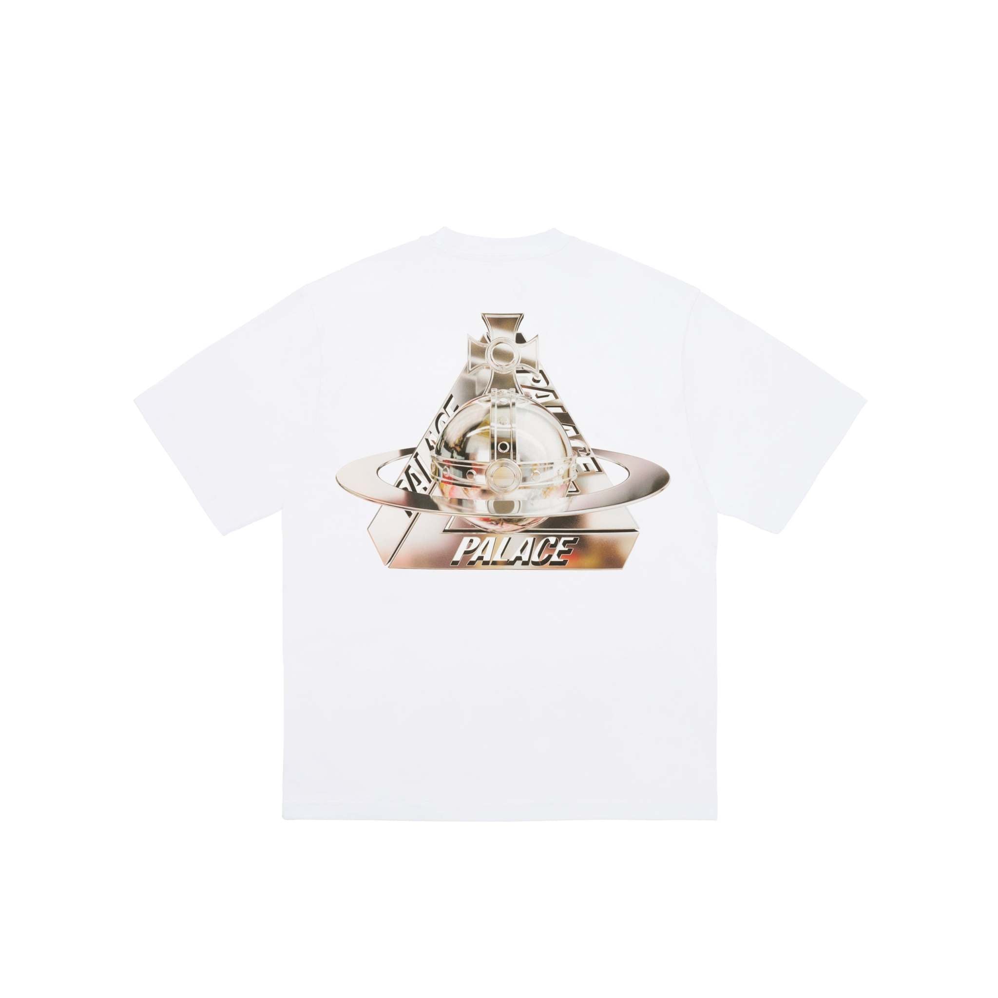 Palace x Vivienne Westwood White T-Shirt with metallic graphic design.