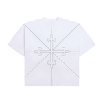 White Saint Mind Pathway T-shirt with embroidery, oversized boxy fit, 100% cotton, worn by 5ft10 model in medium