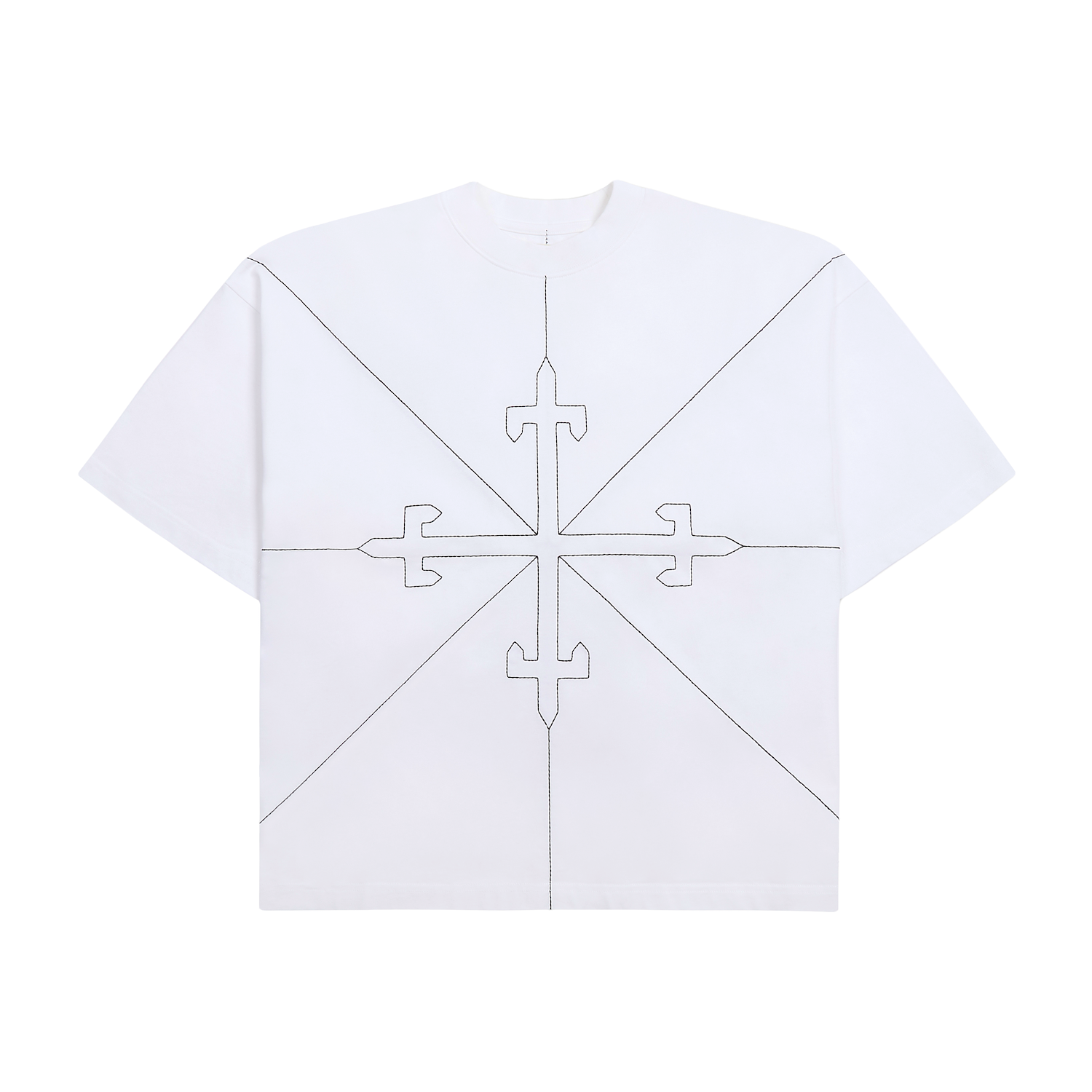 White Saint Mind Pathway T-shirt with embroidery, oversized boxy fit, 100% cotton, worn by 5ft10 model in medium