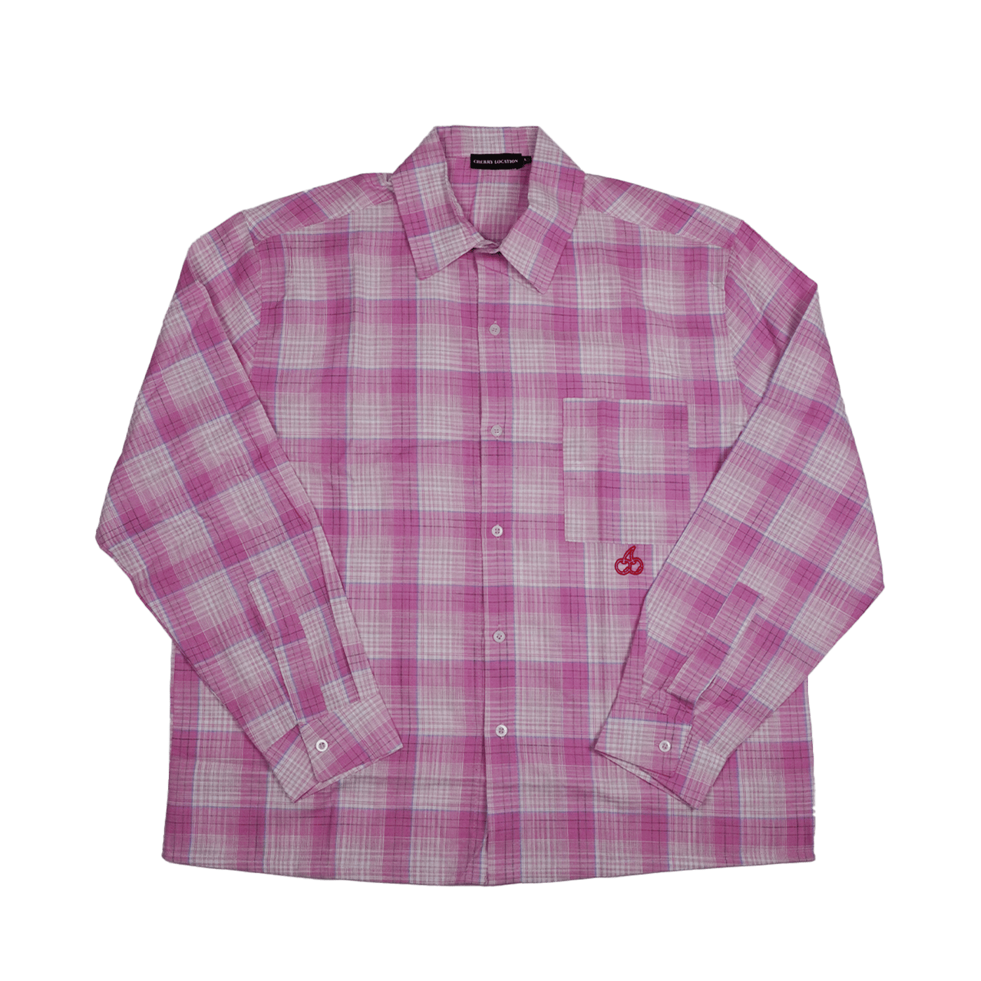 Cherry Location Pink Shirt pink plaid button-up long sleeve shirt with chest pocket and cherry embroidery