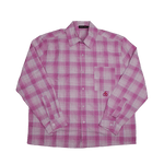 Cherry Location Pink Shirt pink plaid button-up long sleeve shirt with chest pocket and cherry embroidery