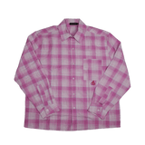 Cherry Location Pink Shirt pink plaid button-up long sleeve shirt with chest pocket and cherry embroidery