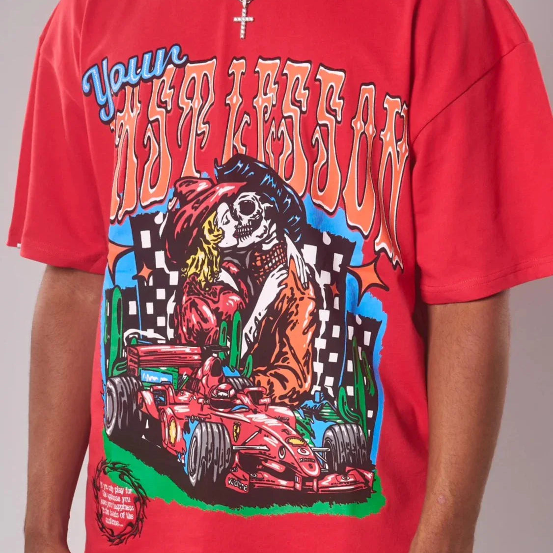Red Last Lesson Fast Lane T-shirt with colorful graphic design.