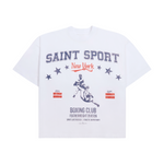 White Saint Mind oversized cotton t-shirt with printed logo, modeled size medium