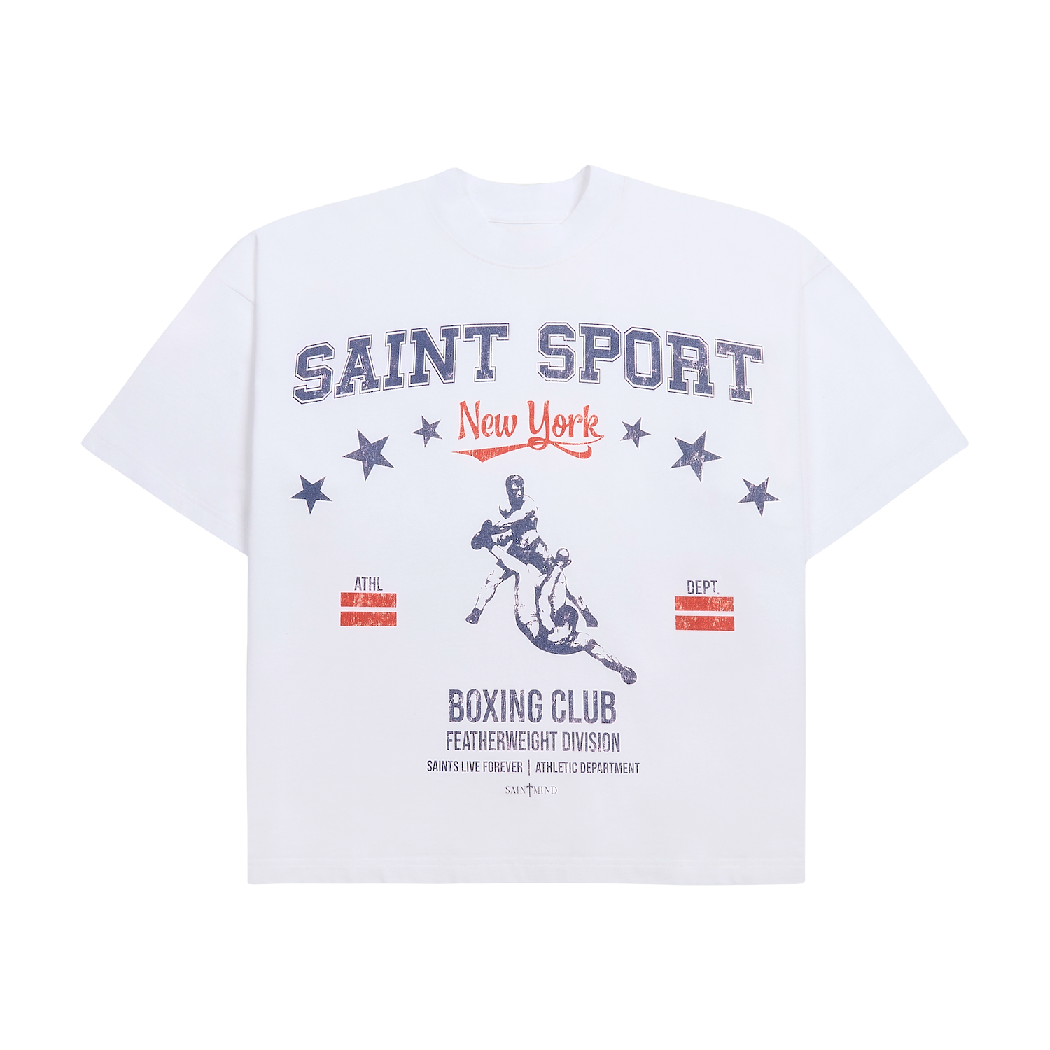 White Saint Mind oversized cotton t-shirt with printed logo, modeled size medium