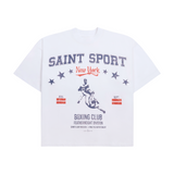 White Saint Mind oversized cotton t-shirt with printed logo, modeled size medium