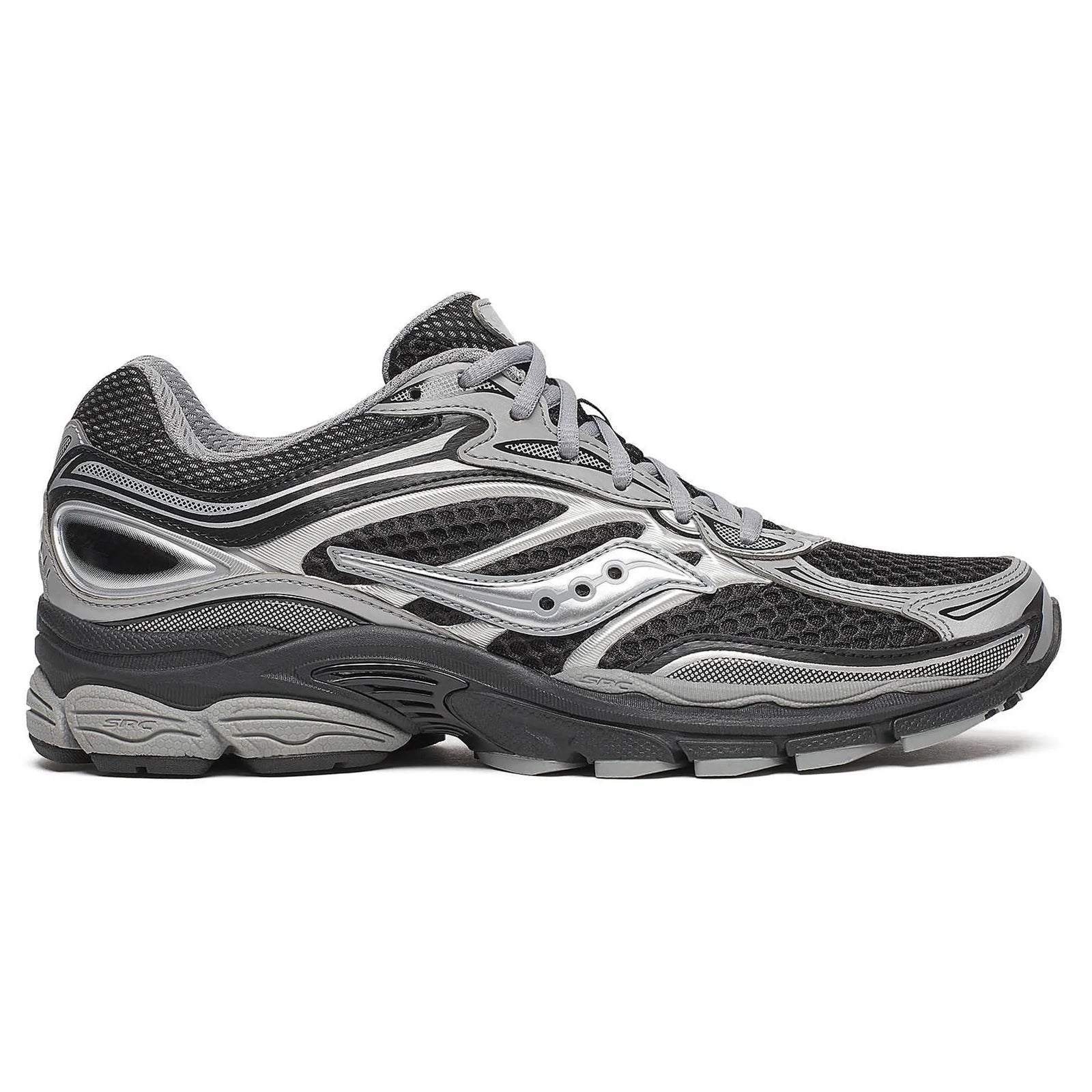 Saucony Progrid Omni 9 running shoe in silver and black design