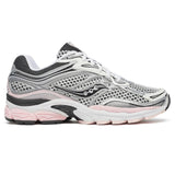 Saucony ProGrid Omni 9 running shoe in silver and pink colors