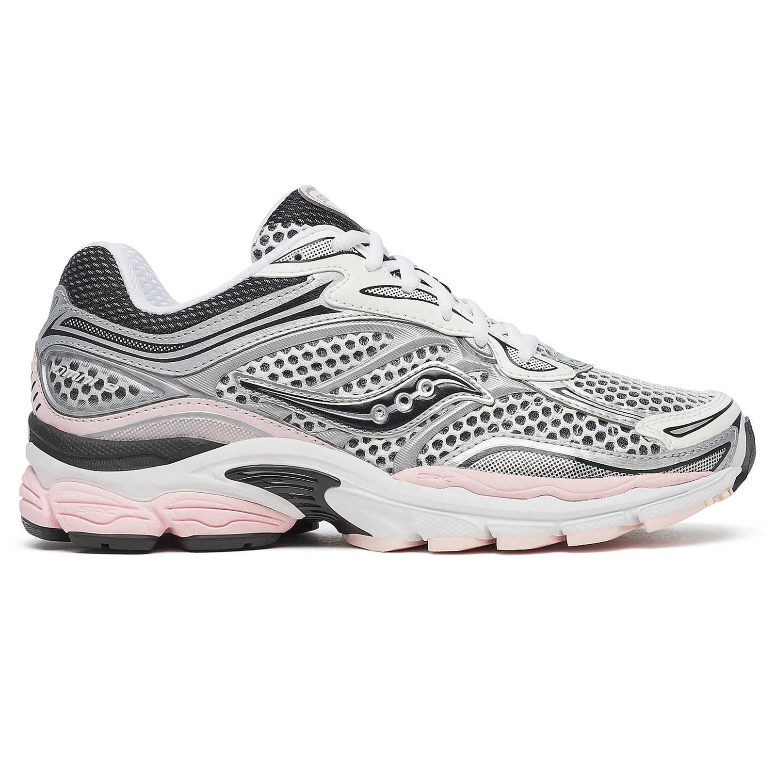Saucony ProGrid Omni 9 running shoe in silver and pink colors