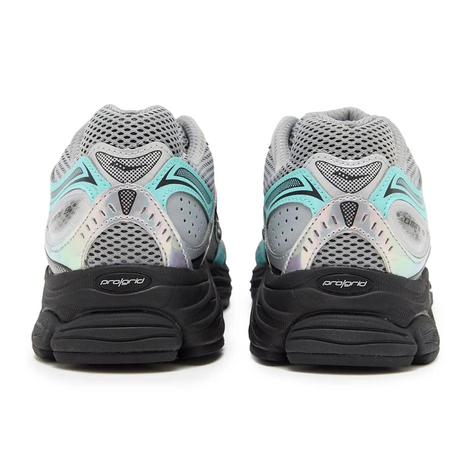 Saucony Progrid Omni 9 running shoe in silver, teal, and grey colors
