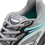 Saucony Progrid Omni 9 running shoe in silver, teal, and grey colors