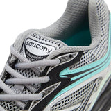 Saucony Progrid Omni 9 running shoe in silver, teal, and grey colors