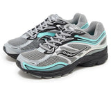 Saucony Progrid Omni 9 running shoe in silver, teal, and grey colors