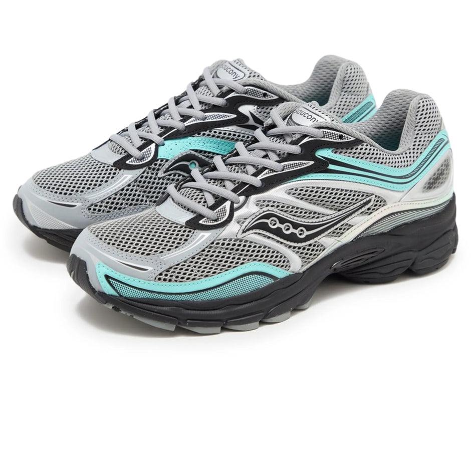 Saucony Progrid Omni 9 running shoe in silver, teal, and grey colors