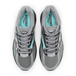 Saucony Progrid Omni 9 running shoe in silver, teal, and grey colors