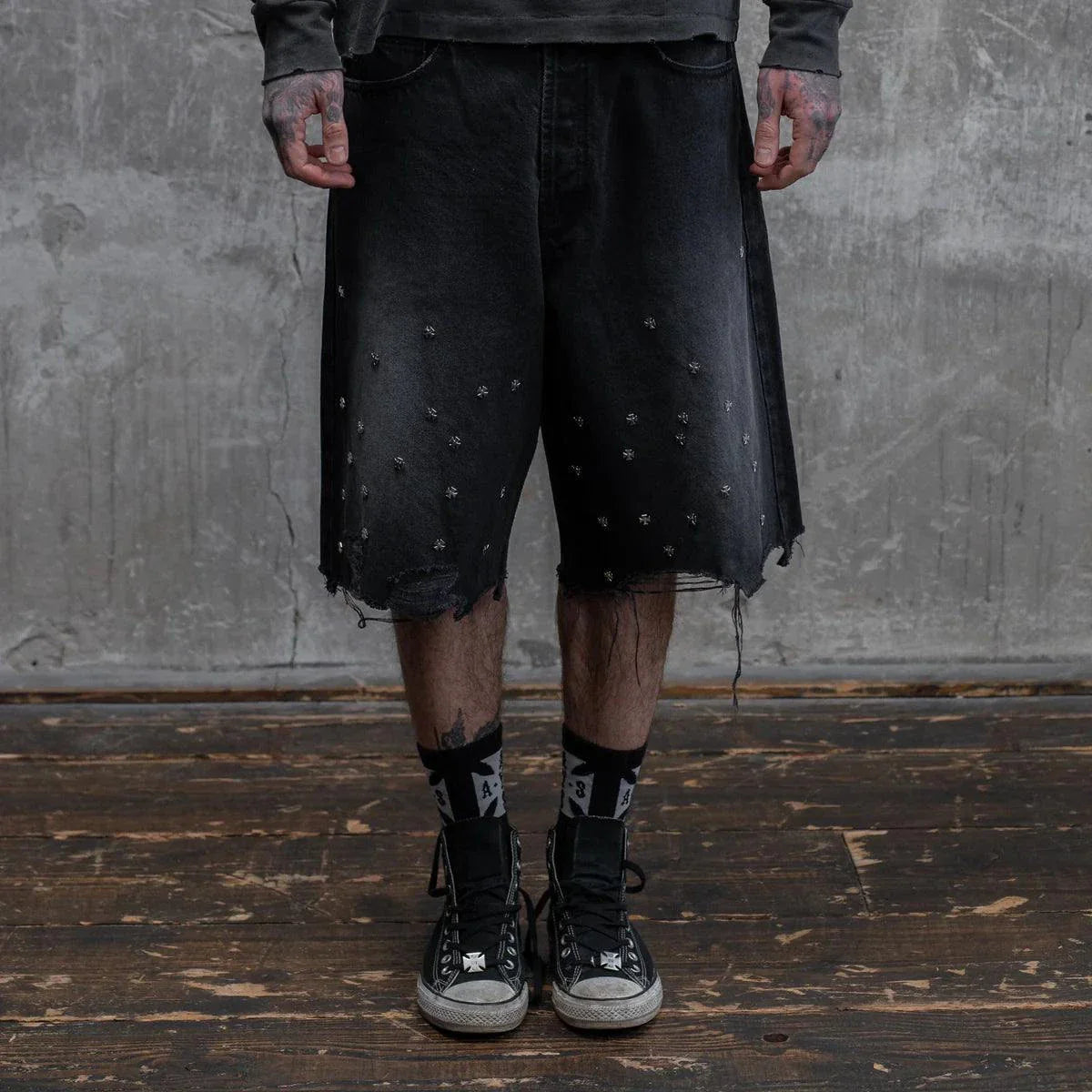 Acne Studios Askyurself Crossed Pin Baggy Jeans Shorts in Washed Black