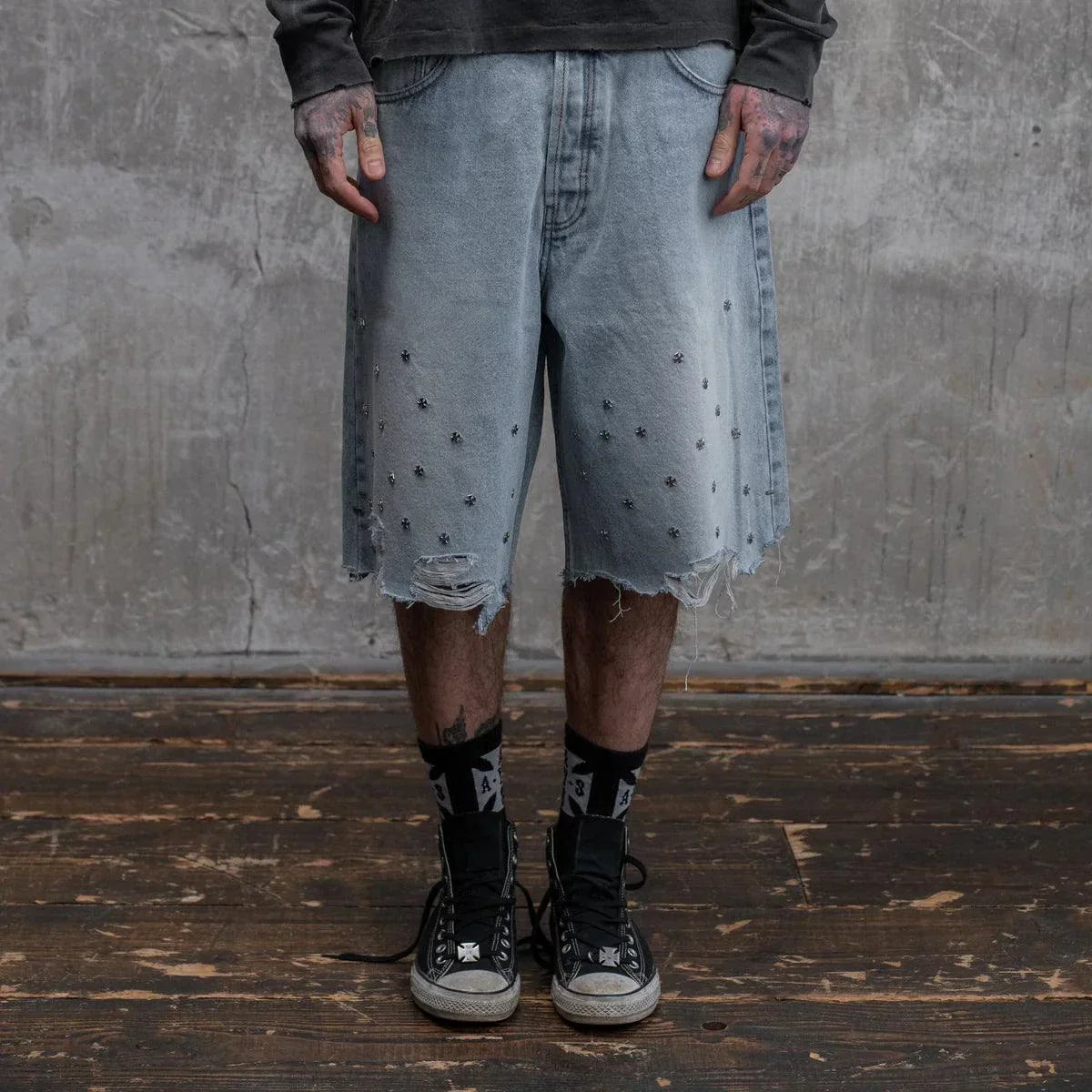 Acne Studios Askyurself crossed pin baggy jeans shorts in washed blue