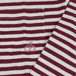 Close-up of Cherry Location OG Stripe T-Shirt with maroon and white stripes and cherry embroidery on pocket