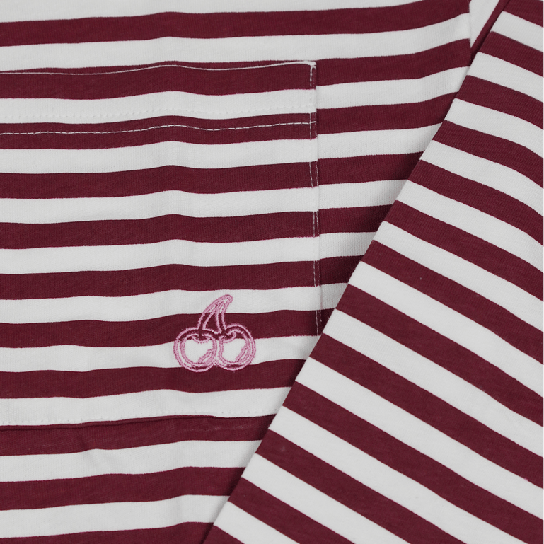 Close-up of Cherry Location OG Stripe T-Shirt with maroon and white stripes and cherry embroidery on pocket