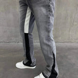 Siarr Flared Jeans light grey denim with black contrast inner seam and hem, slim flared fit with multiple pockets