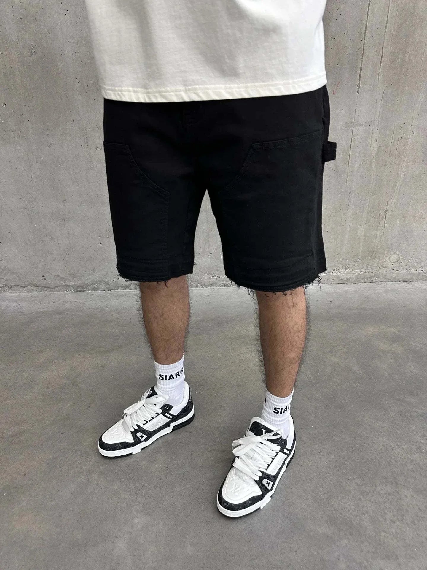 Siarr Rio Shorts black casual raw hem cotton blend regular fit with branded rivet buttons and leather tab