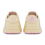 Travis Scott x Air Jordan 1 Retro Low OG Shy Pink sneaker with reverse Swoosh and Cactus Jack branding