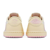 Travis Scott x Air Jordan 1 Retro Low OG Shy Pink sneaker with reverse Swoosh and Cactus Jack branding