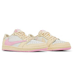 Travis Scott x Air Jordan 1 Retro Low OG Shy Pink sneaker with reverse Swoosh and Cactus Jack branding