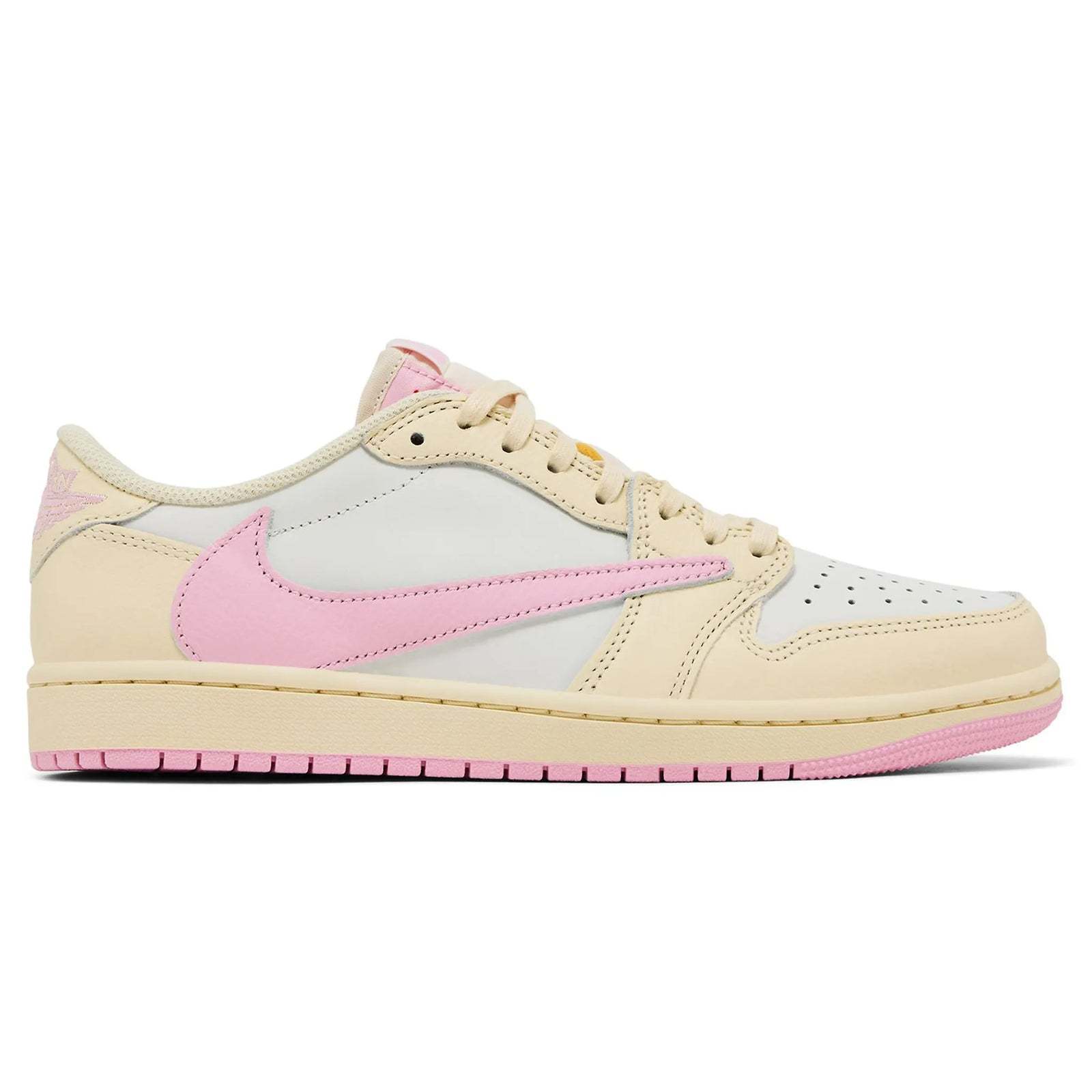 Travis Scott x Air Jordan 1 Retro Low OG Shy Pink sneaker with reverse Swoosh and Cactus Jack branding