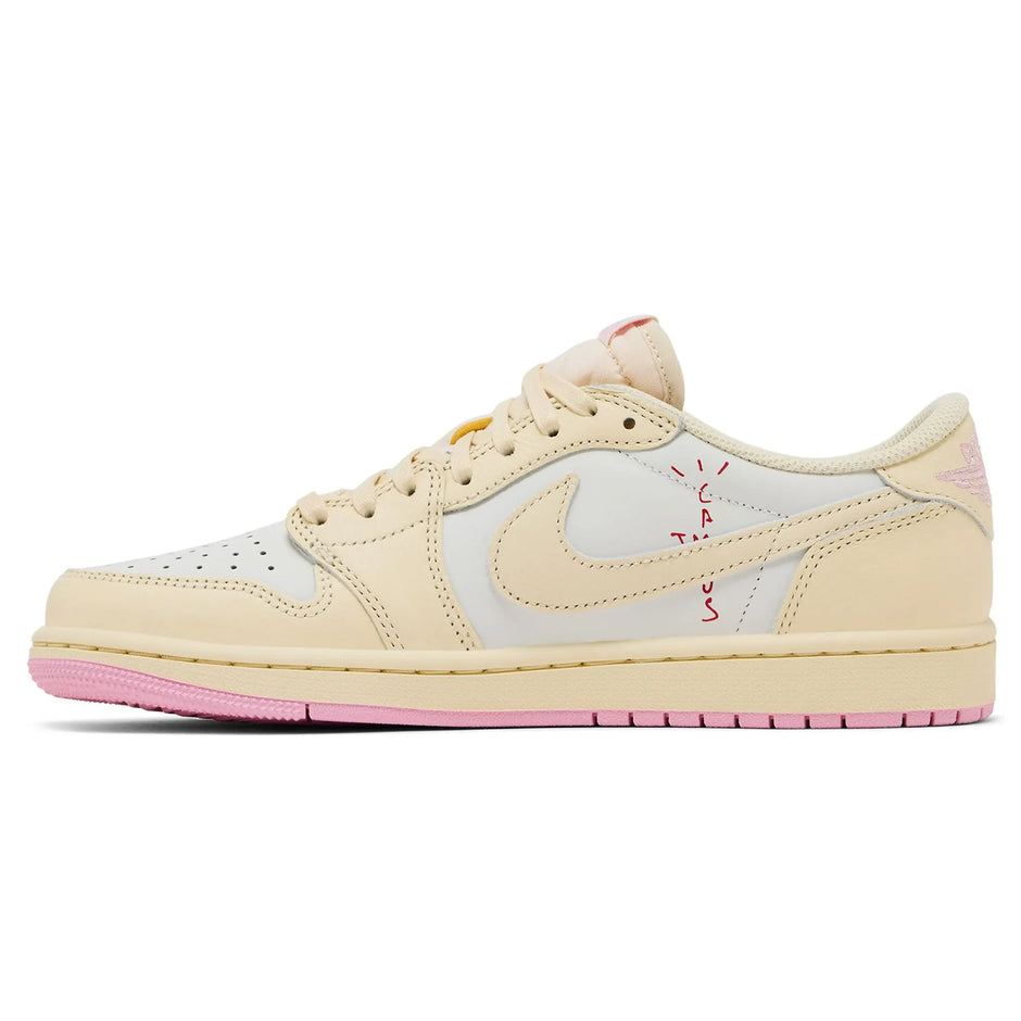 Travis Scott x Air Jordan 1 Retro Low OG Shy Pink sneaker with reverse Swoosh and Cactus Jack branding