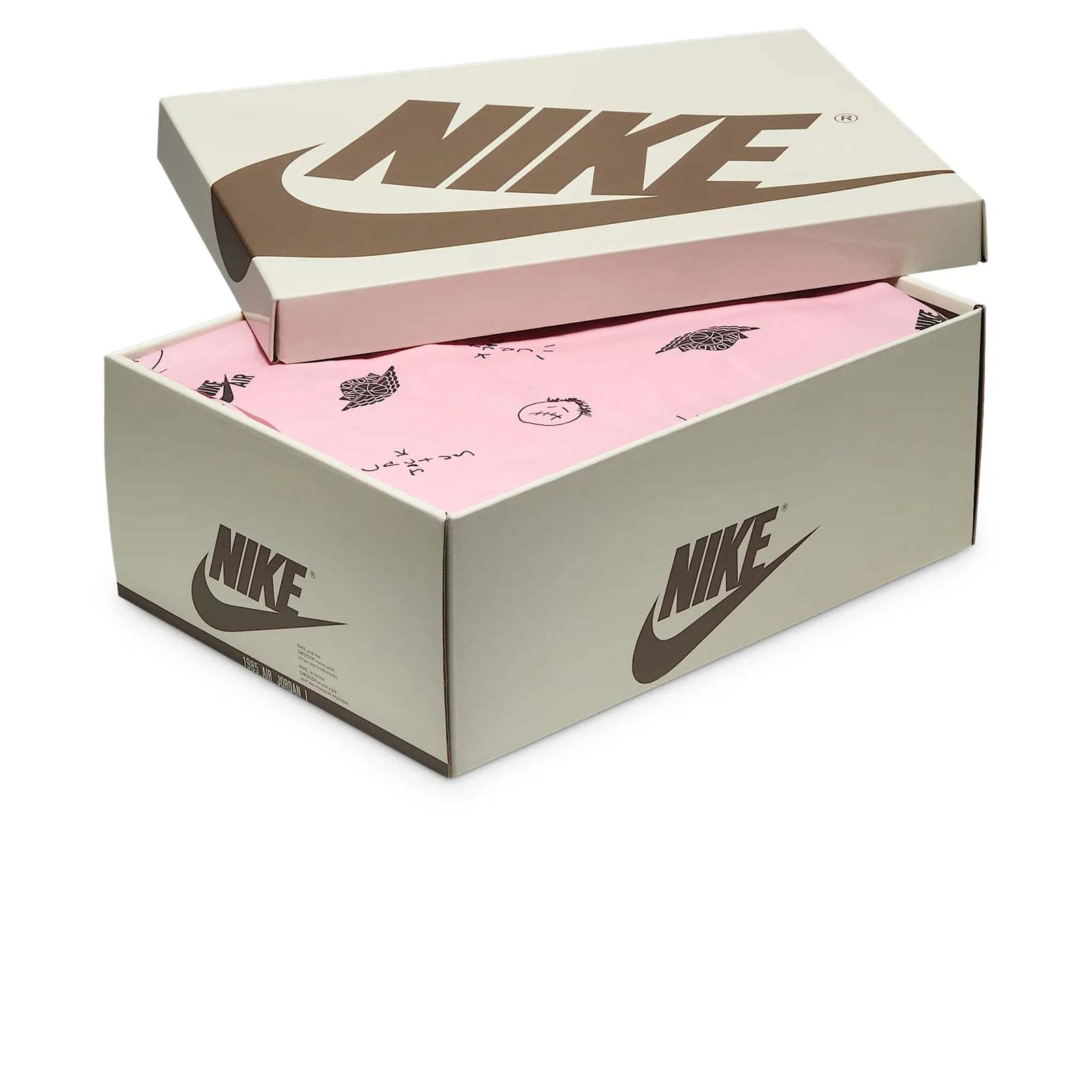 Travis Scott x Air Jordan 1 Low OG SP Velvet Brown sneaker box with pink graphic paper.