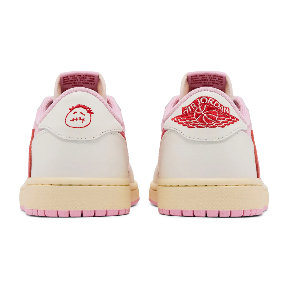 Travis Scott x Air Jordan 1 Retro Low OG Sail Tropical Pink sneaker with reverse Swoosh and vibrant pink accents