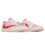 Travis Scott x Air Jordan 1 Retro Low OG Sail Tropical Pink sneaker with reverse Swoosh and vibrant pink accents