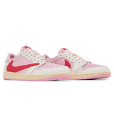 Travis Scott x Air Jordan 1 Retro Low OG Sail Tropical Pink sneaker with reverse Swoosh and vibrant pink accents