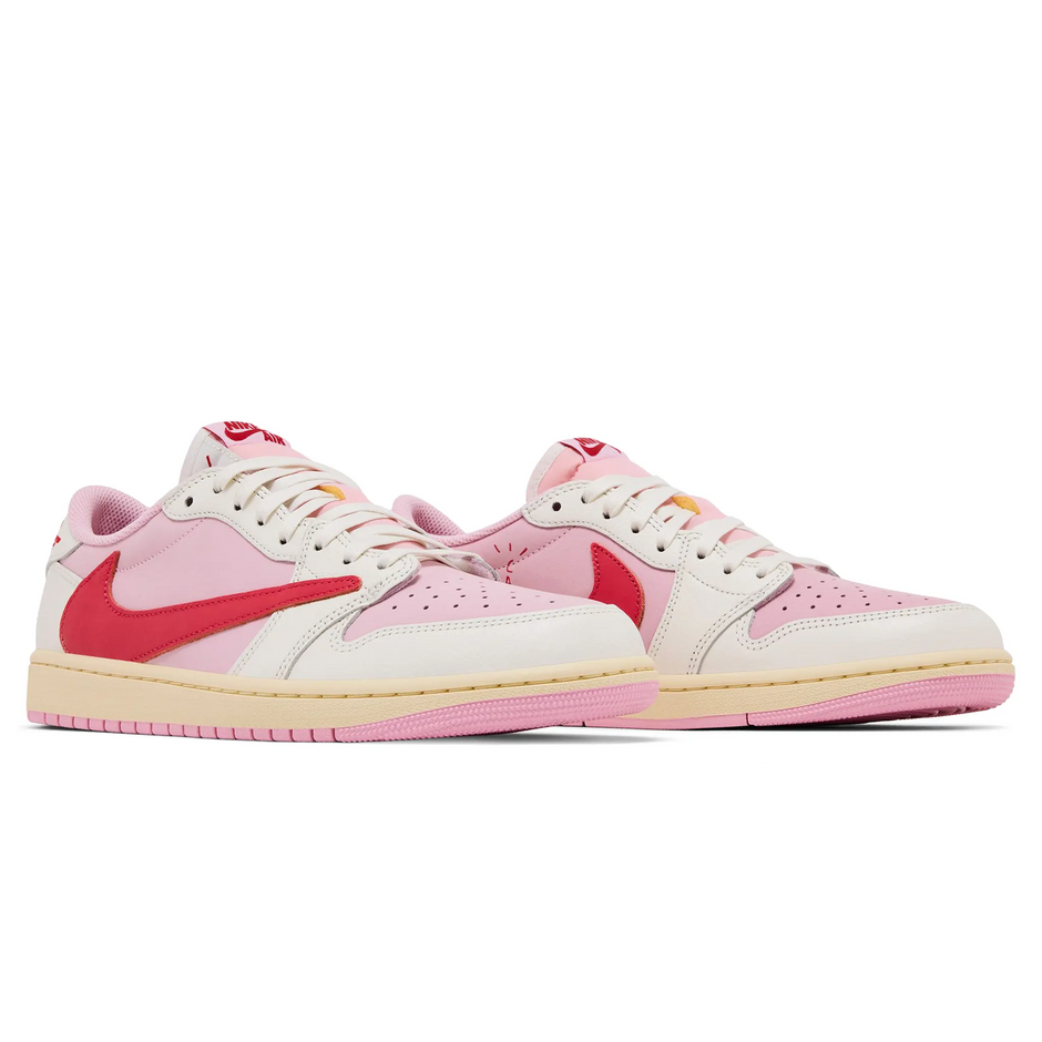 Travis Scott x Air Jordan 1 Retro Low OG Sail Tropical Pink sneaker with reverse Swoosh and vibrant pink accents